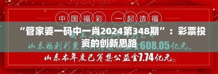 “管家婆一码中一肖2024第348期”：彩票投资的创新思路